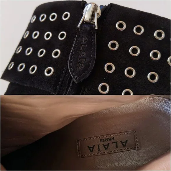 Alaïa Black Suede Grommet Embellished Ruffled Ankle Boots | Size 38.5 - Picture 4 of 16